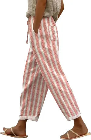 Capri Pants for Women,Striped Pant Linen Capris for Women Summer Wide Leg Loose Drawstring Elastic Waist Trouser