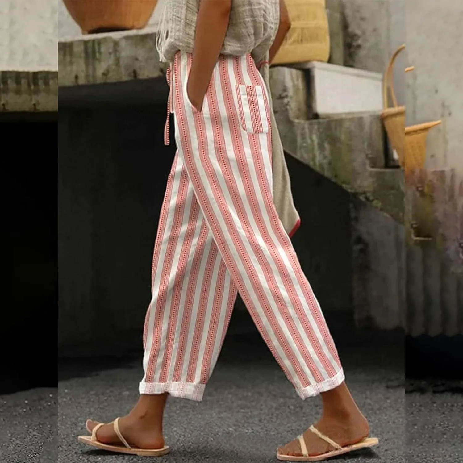 Capri Pants for Women,Striped Pant Linen Capris for Women Summer Wide Leg Loose Drawstring Elastic Waist Trouser