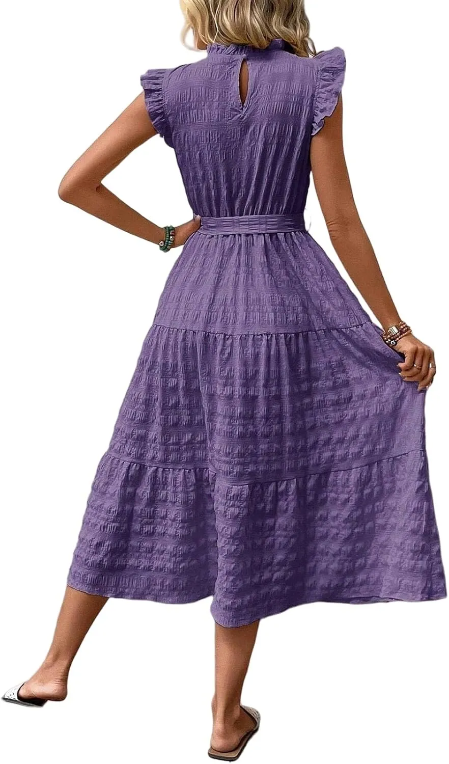 Casual Dresses for Women Ruffle Crewneck Belt Dress Puff Short Sleeve Maxi Dresses Smocked Flowy Ruffle Boho Dress
