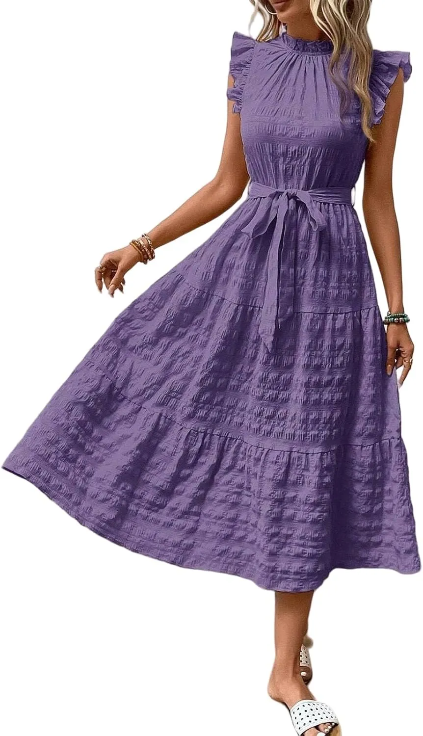 Casual Dresses for Women Ruffle Crewneck Belt Dress Puff Short Sleeve Maxi Dresses Smocked Flowy Ruffle Boho Dress