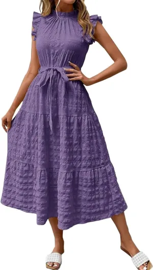 Casual Dresses for Women Ruffle Crewneck Belt Dress Puff Short Sleeve Maxi Dresses Smocked Flowy Ruffle Boho Dress