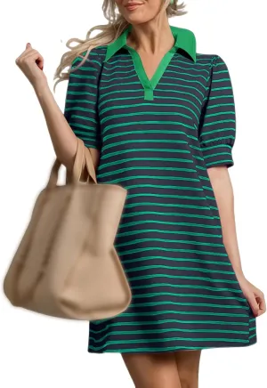 Casual Mini Dress for Women Summer Trendy Striped Lapel V Neck Puff Short Sleeve Dresses Loose Fit A Line Dress 2025