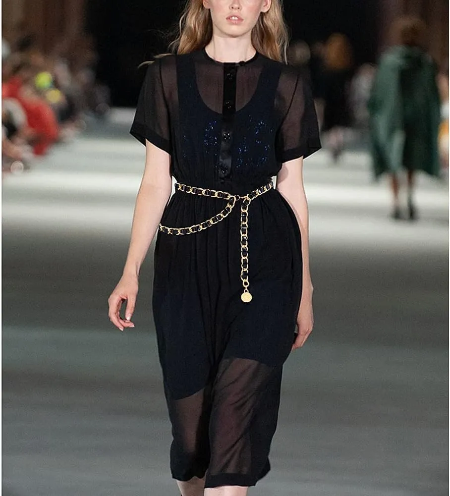 Chain Belts Leather Waist Belt for Women Layered Metal Chain Belt