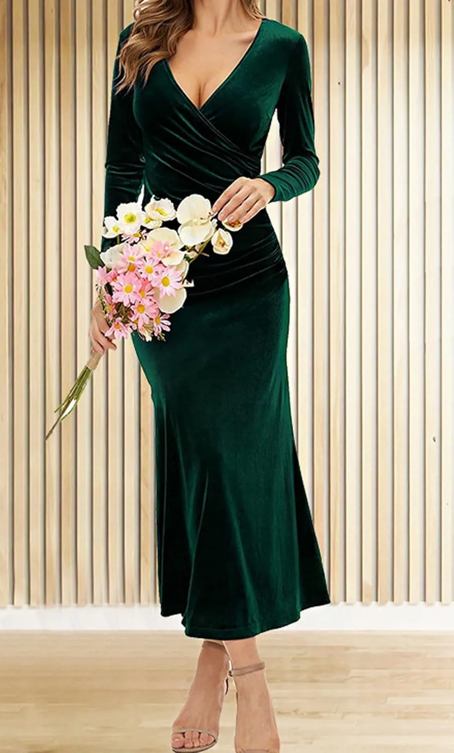 CHARTOU Women Bodycon Maxi Velvet Dress Long Sleeve Formal Dress Cocktail Wedding Quest Dress Wrap Evening Gown