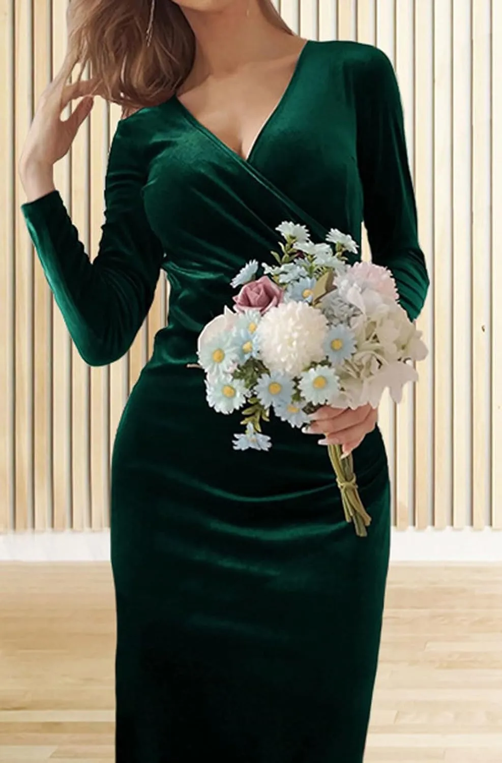 CHARTOU Women Bodycon Maxi Velvet Dress Long Sleeve Formal Dress Cocktail Wedding Quest Dress Wrap Evening Gown