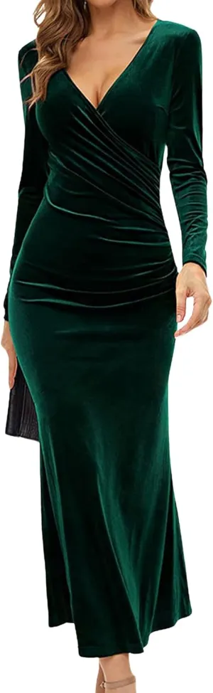 CHARTOU Women Bodycon Maxi Velvet Dress Long Sleeve Formal Dress Cocktail Wedding Quest Dress Wrap Evening Gown