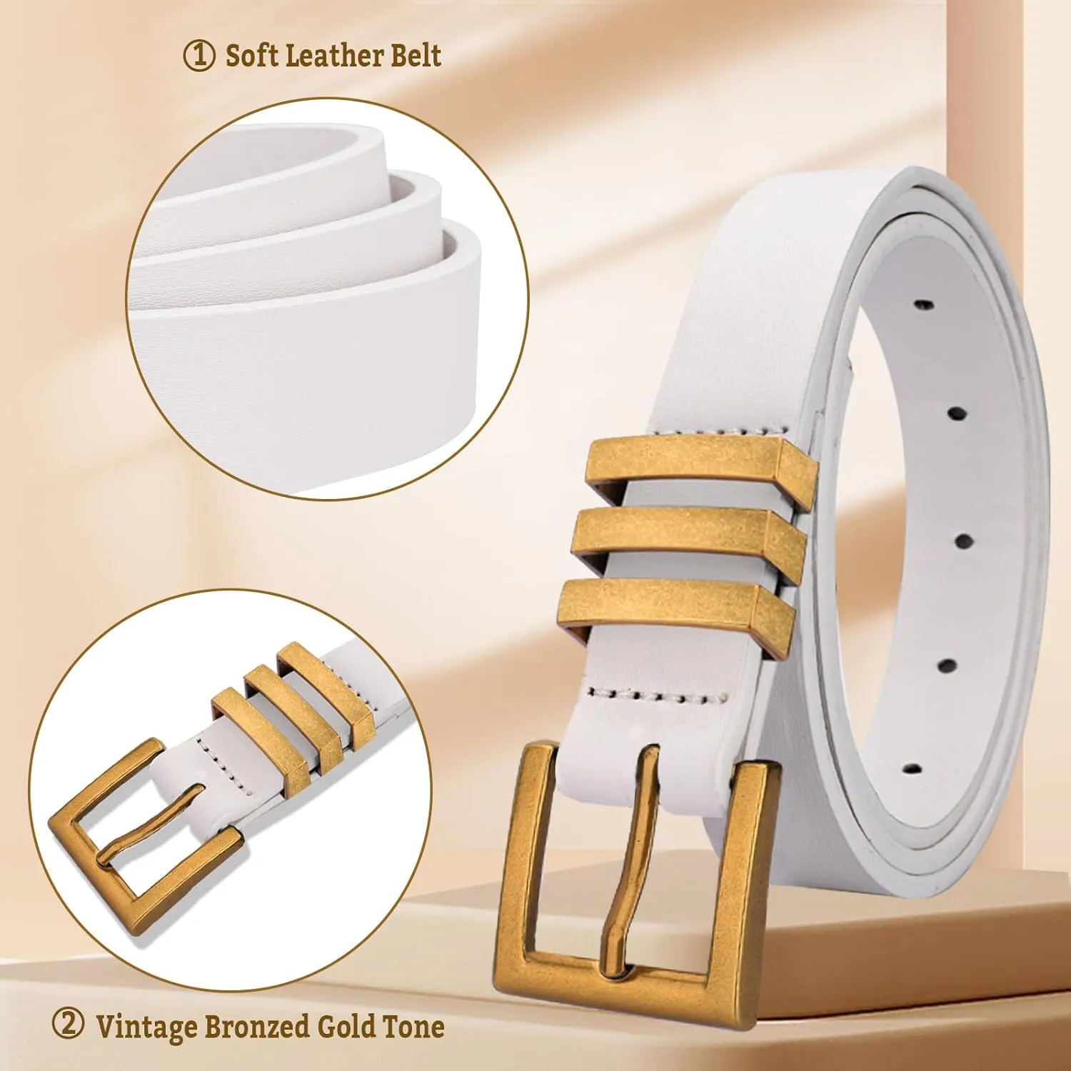 Chic Leather Belts for Women Trendy, Women’s Belts for Jeans Pants, Width 0.9” with Vintage Gold Buckle
