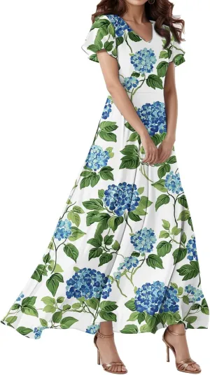 Cocktail Dresses for Women,Flowy Spring Summer Dresses for Women 2025 Wedding Guest Elegant Floral Maxi Dress Short Sleeve