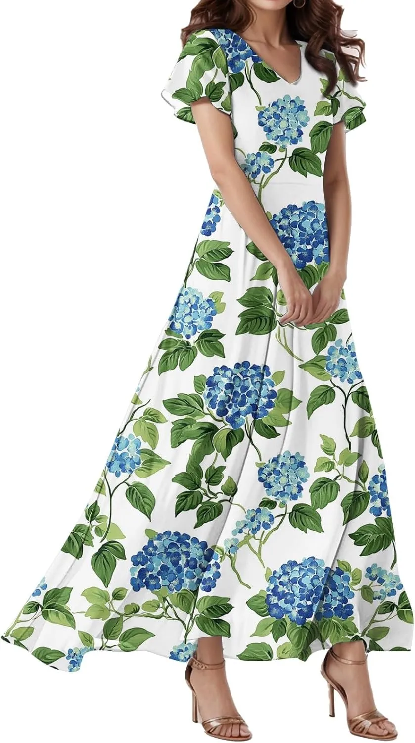 Cocktail Dresses for Women,Flowy Spring Summer Dresses for Women 2025 Wedding Guest Elegant Floral Maxi Dress Short Sleeve