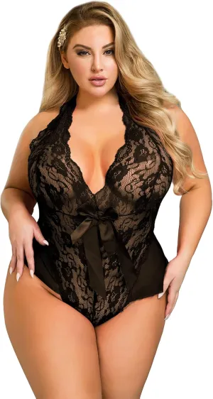 comeondear Plus Size Lace Bodysuit Lingerie for Women One Piece Sheer Backless Teddy Sexy Deep V Neck Babydoll S-4XL