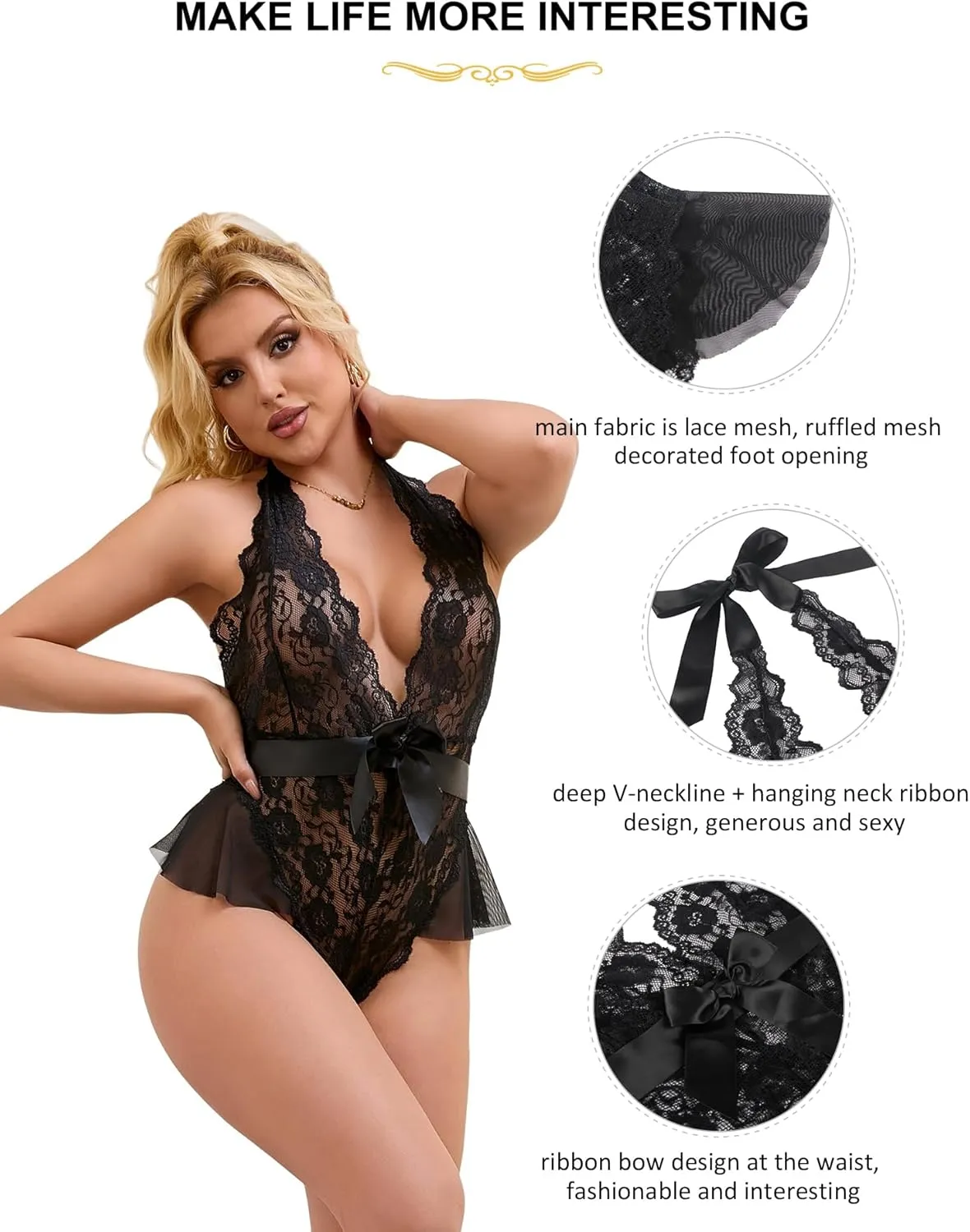 comeondear Plus Size Lace Bodysuit Lingerie for Women One Piece Sheer Backless Teddy Sexy Deep V Neck Babydoll S-4XL
