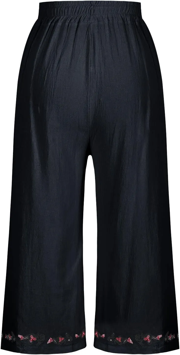 Cotton Linen Crop Pants for Women Elastic Waist Vintage Floral Embroidered Cropped Trousers Wide Leg Pants with Pockets