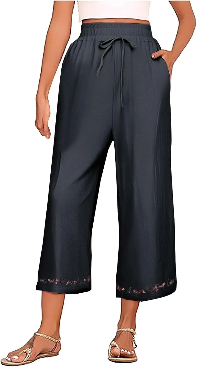 Cotton Linen Crop Pants for Women Elastic Waist Vintage Floral Embroidered Cropped Trousers Wide Leg Pants with Pockets