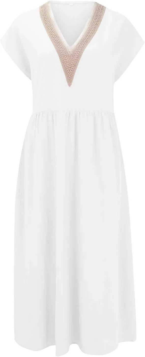 Cotton Linen Dress Women Plus Size Summer Short Sleeve V Neck Midi Dress Casual Loose A-line Boho Vacation Dresses