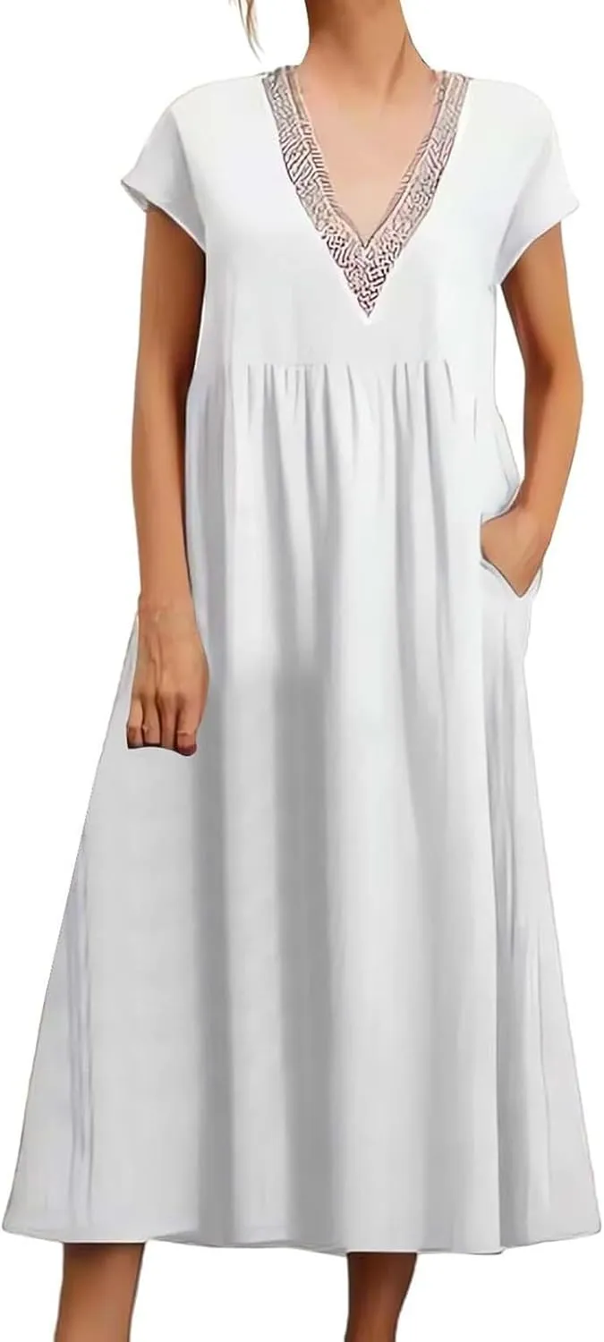 Cotton Linen Dress Women Plus Size Summer Short Sleeve V Neck Midi Dress Casual Loose A-line Boho Vacation Dresses