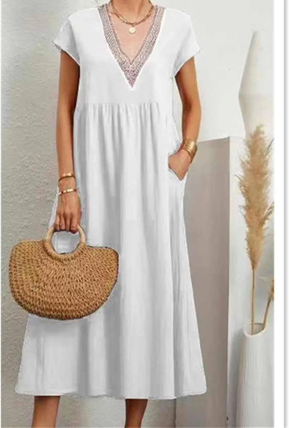 Cotton Linen Dress Women Plus Size Summer Short Sleeve V Neck Midi Dress Casual Loose A-line Boho Vacation Dresses