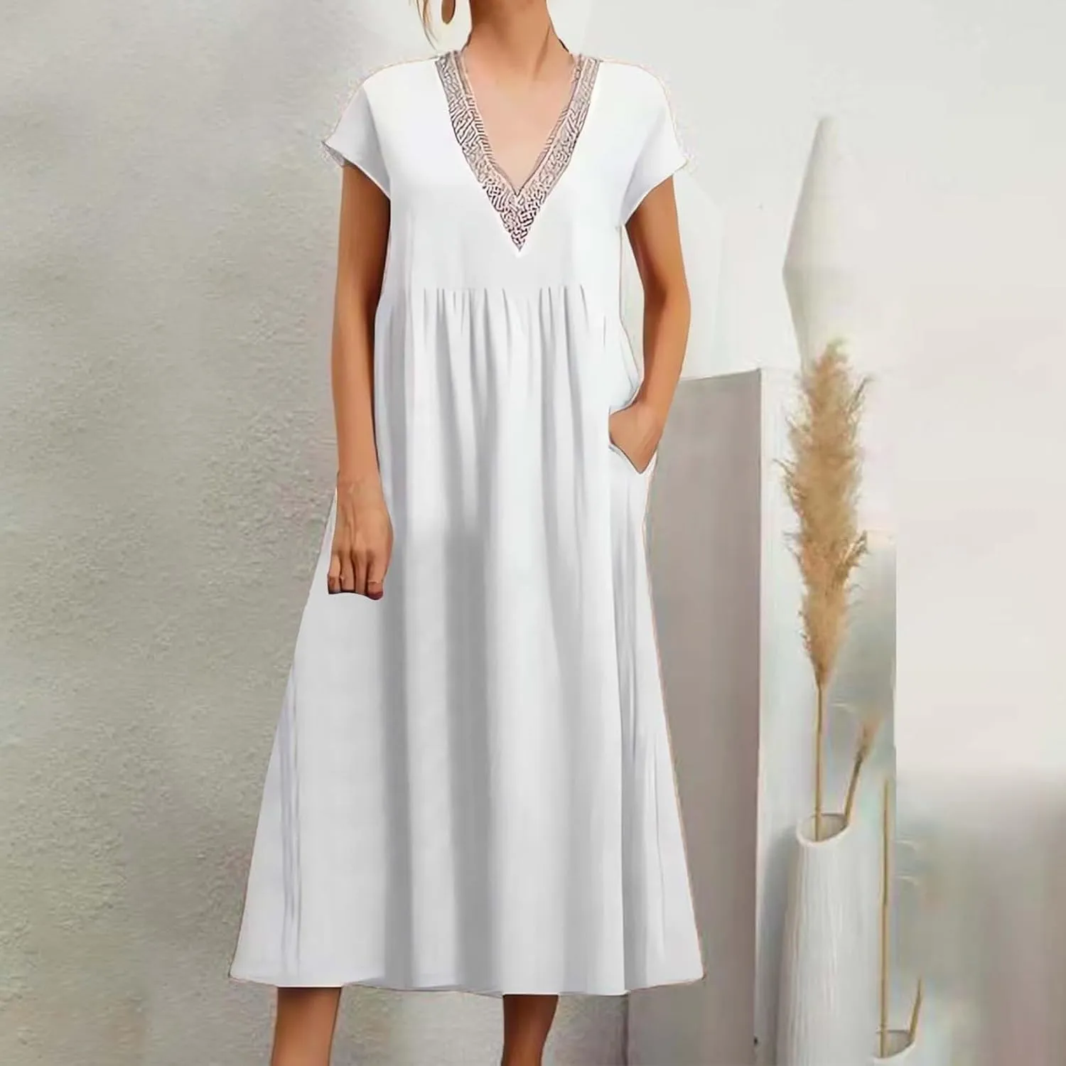 Cotton Linen Dress Women Plus Size Summer Short Sleeve V Neck Midi Dress Casual Loose A-line Boho Vacation Dresses