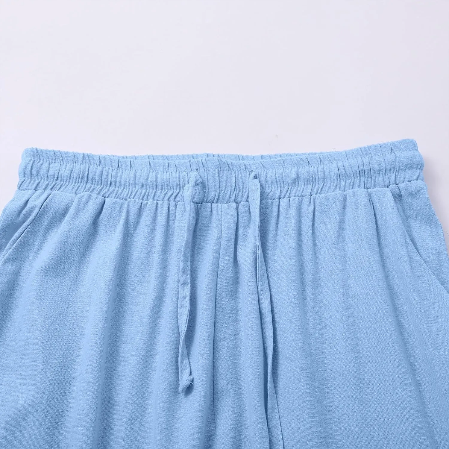 Cotton Linen Pants for Women 2025 Solid Color Button Pants Baggy Elastic Waist Straight Leg Trousers with Pocket