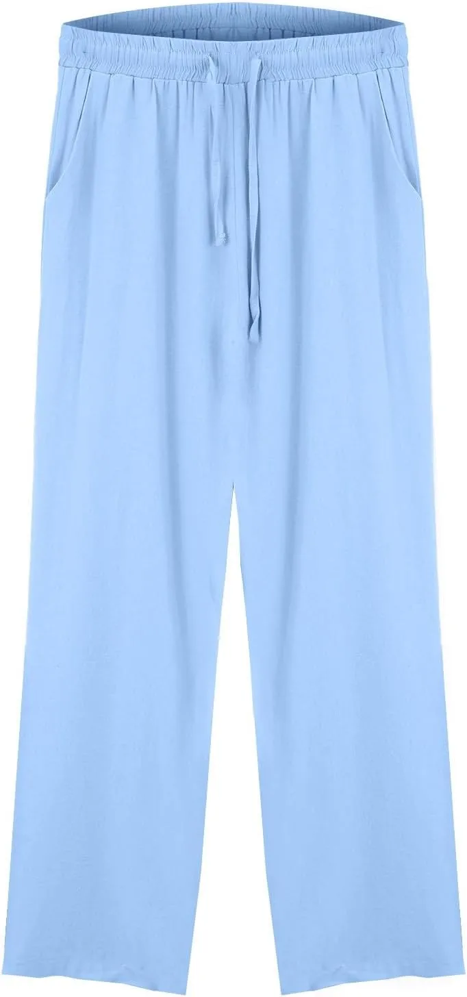 Cotton Linen Pants for Women 2025 Solid Color Button Pants Baggy Elastic Waist Straight Leg Trousers with Pocket