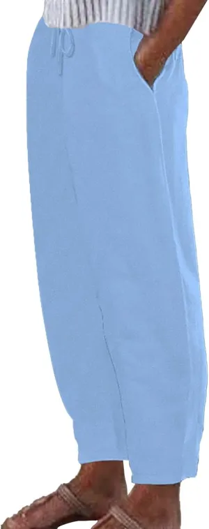 Cotton Linen Pants for Women 2025 Solid Color Button Pants Baggy Elastic Waist Straight Leg Trousers with Pocket