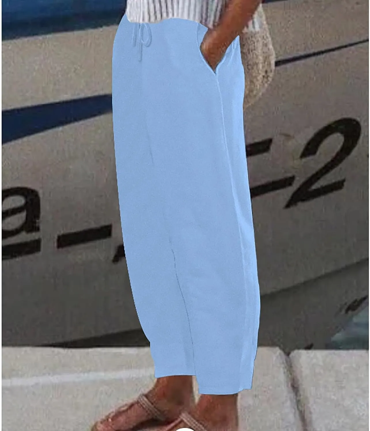 Cotton Linen Pants for Women 2025 Solid Color Button Pants Baggy Elastic Waist Straight Leg Trousers with Pocket