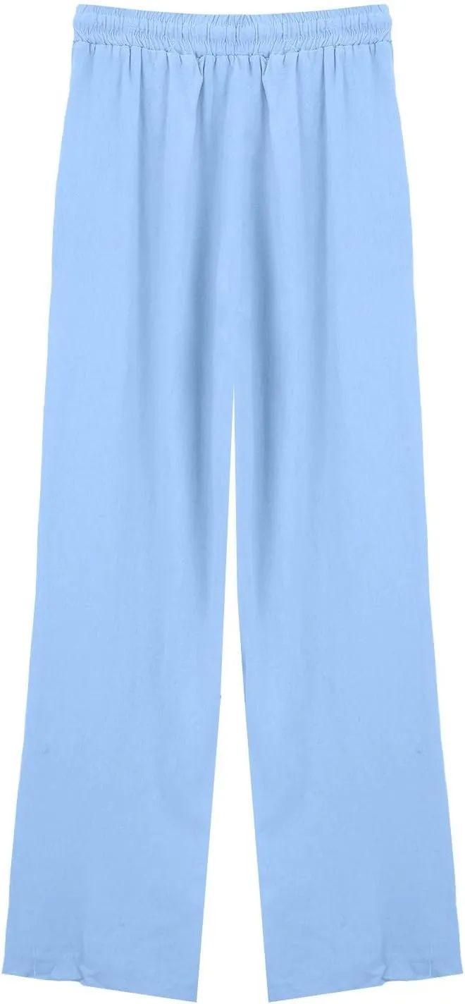 Cotton Linen Pants for Women 2025 Solid Color Button Pants Baggy Elastic Waist Straight Leg Trousers with Pocket