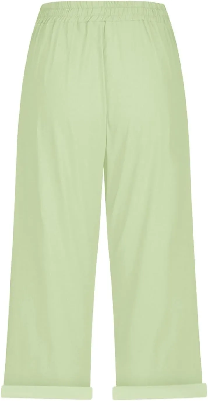 Cotton Linen Pants for Women Casual 2025 Summer Elastic Waist Capris Pants Trendy Straight Wide Leg Cropped Trouser