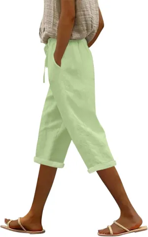 Cotton Linen Pants for Women Casual 2025 Summer Elastic Waist Capris Pants Trendy Straight Wide Leg Cropped Trouser