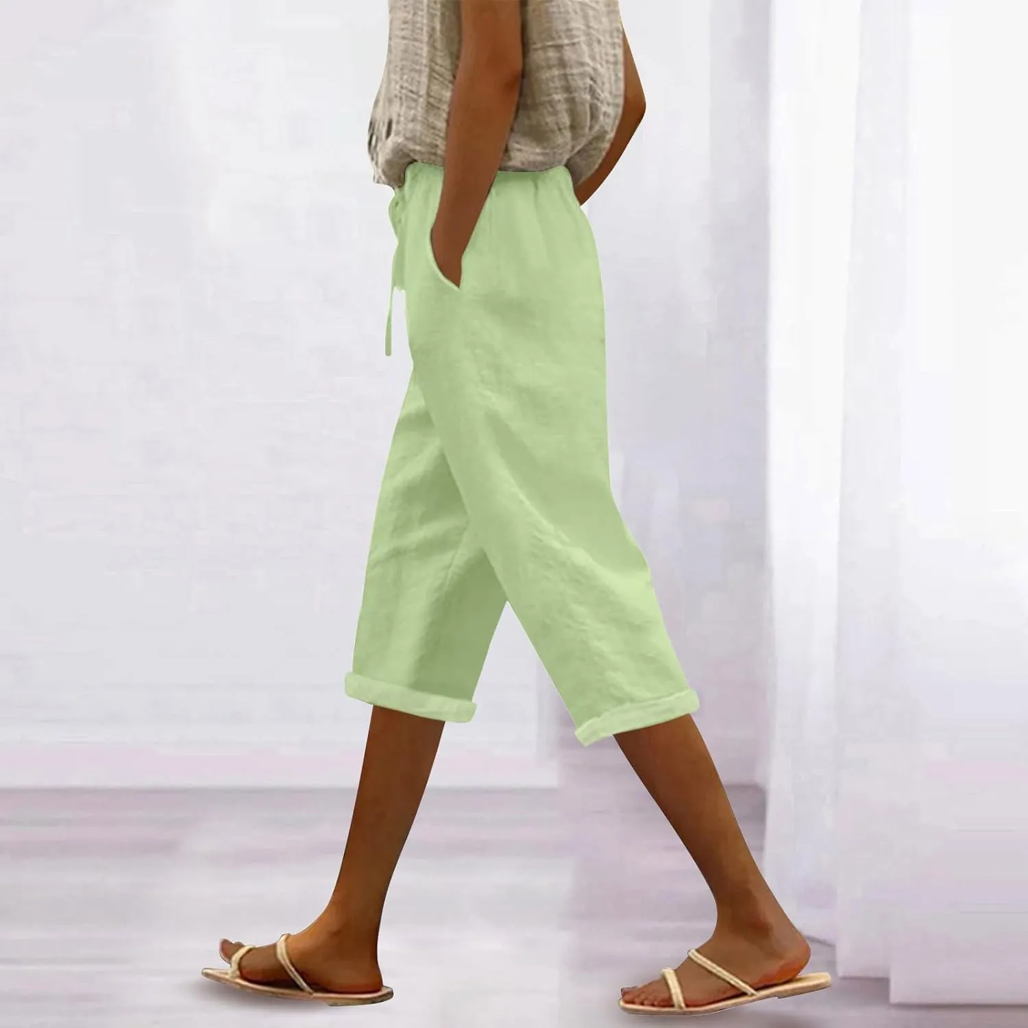 Cotton Linen Pants for Women Casual 2025 Summer Elastic Waist Capris Pants Trendy Straight Wide Leg Cropped Trouser
