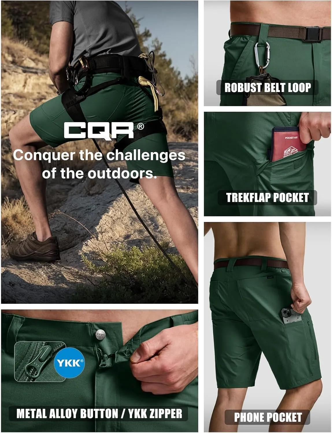CQR Men's Hiking Cargo Shorts, Quick Dry Stretch Tactical Outdoor Shorts, Lightweight Camping Golf Shorts with Multi Pockets