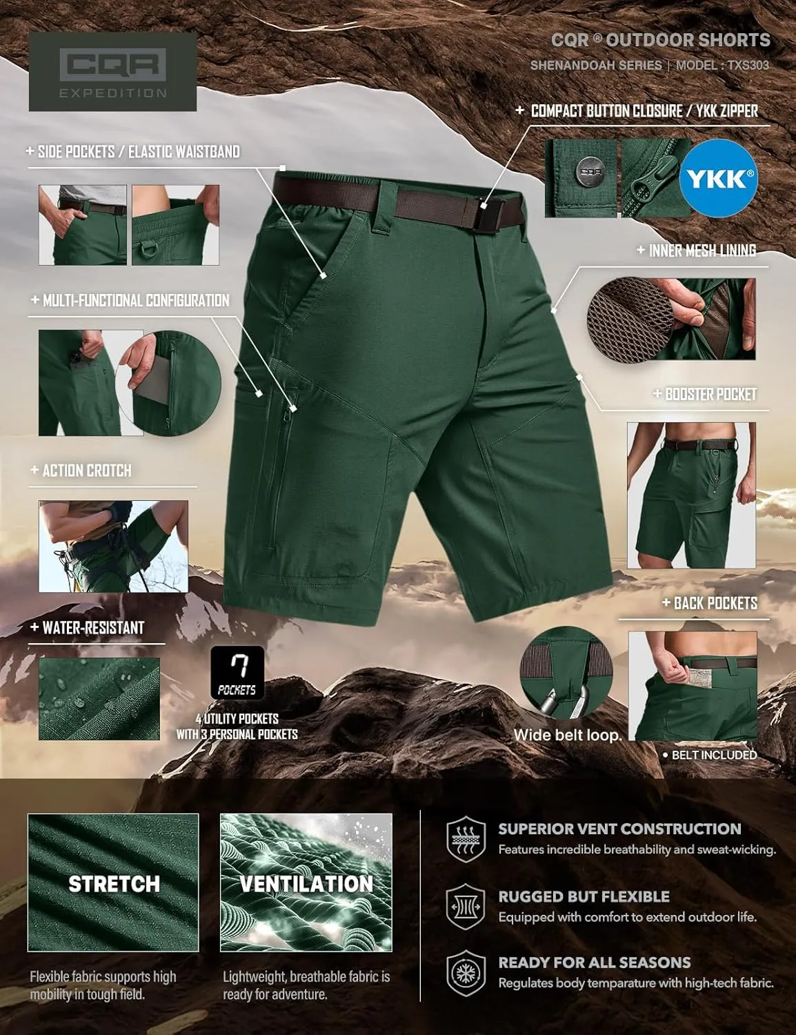 CQR Men's Hiking Cargo Shorts, Quick Dry Stretch Tactical Outdoor Shorts, Lightweight Camping Golf Shorts with Multi Pockets