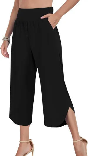 Crop Palazzo Pants for Women 2025 Summer Wide Leg Capris Yoga Pants Side Slit High Waist Capri Pants with Pockets