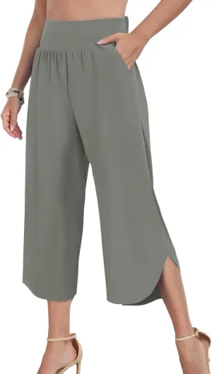 Crop Palazzo Pants for Women 2025 Summer Wide Leg Capris Yoga Pants Side Slit High Waist Capri Pants with Pockets