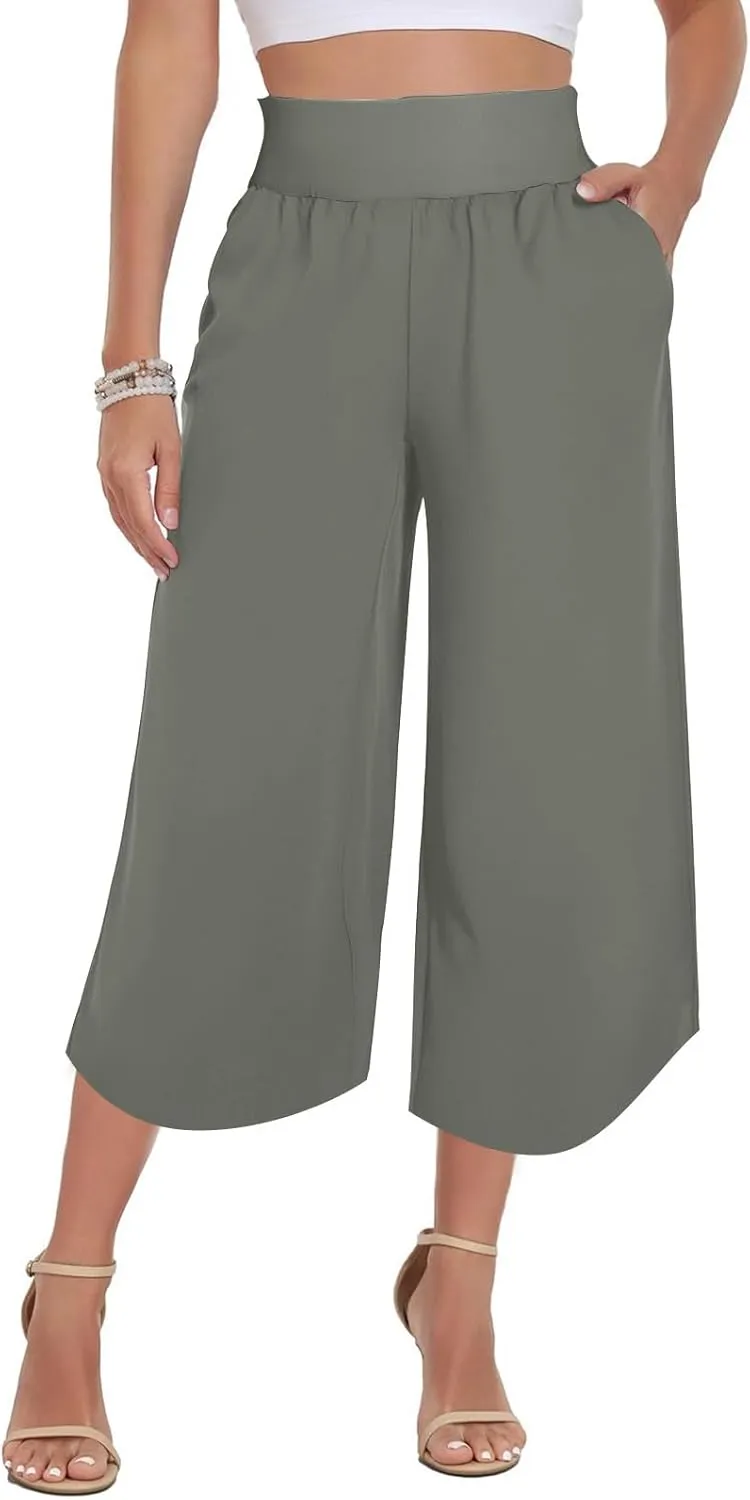 Crop Palazzo Pants for Women 2025 Summer Wide Leg Capris Yoga Pants Side Slit High Waist Capri Pants with Pockets