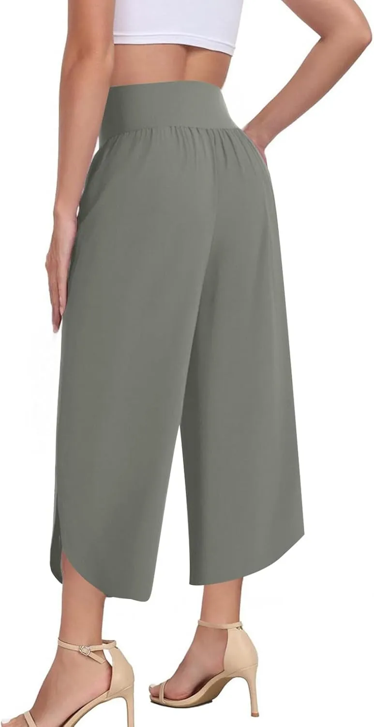 Crop Palazzo Pants for Women 2025 Summer Wide Leg Capris Yoga Pants Side Slit High Waist Capri Pants with Pockets