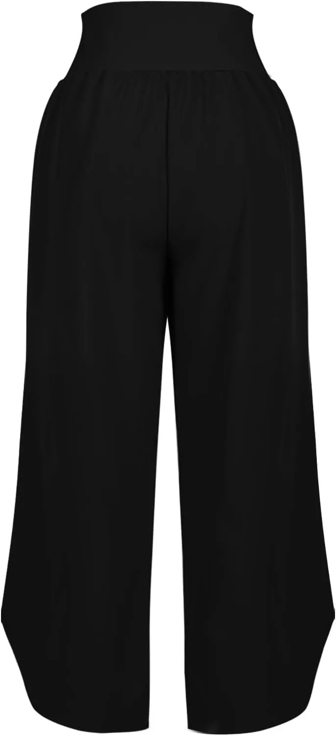 Crop Palazzo Pants for Women 2025 Summer Wide Leg Capris Yoga Pants Side Slit High Waist Capri Pants with Pockets