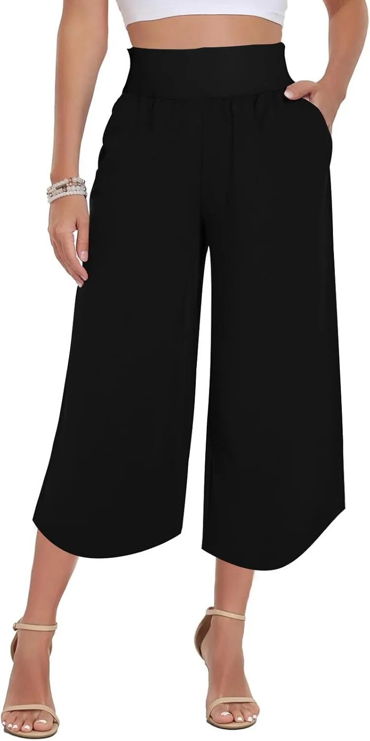Crop Palazzo Pants for Women 2025 Summer Wide Leg Capris Yoga Pants Side Slit High Waist Capri Pants with Pockets