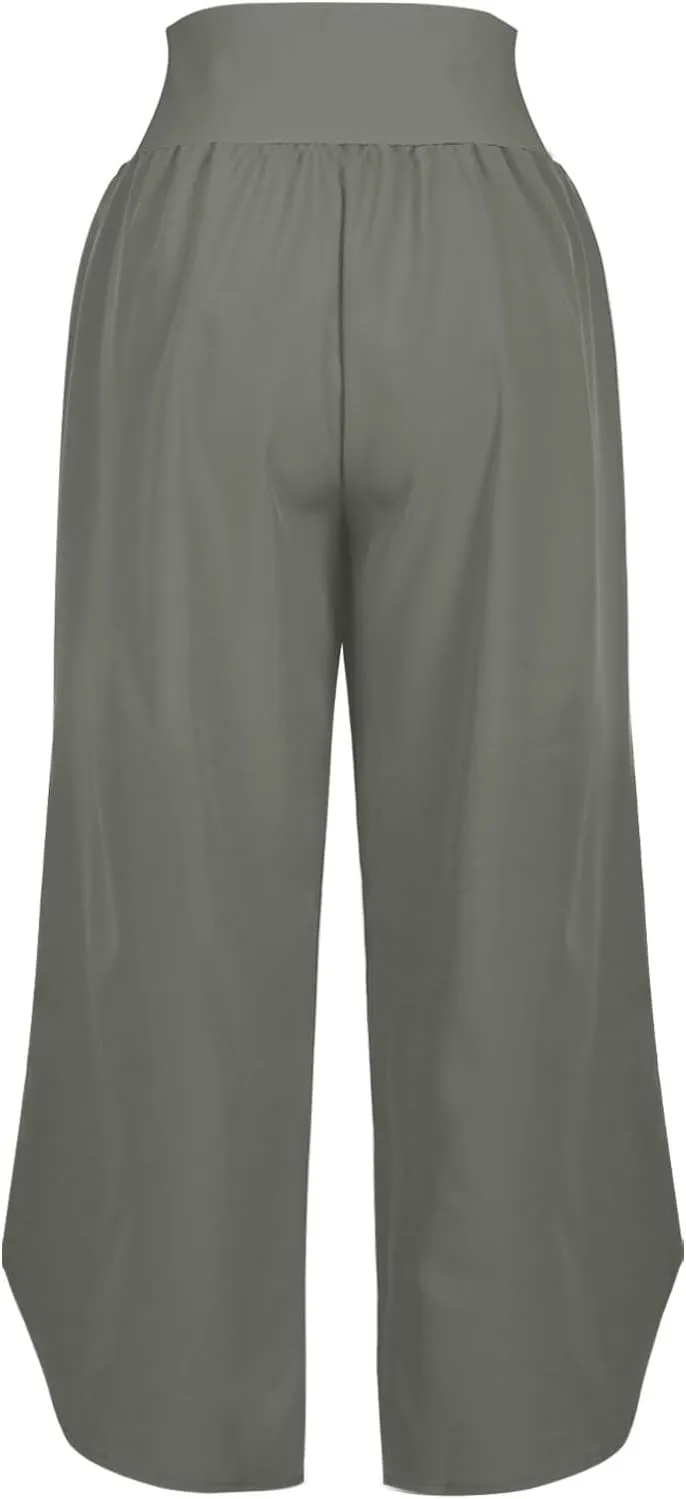 Crop Palazzo Pants for Women 2025 Summer Wide Leg Capris Yoga Pants Side Slit High Waist Capri Pants with Pockets