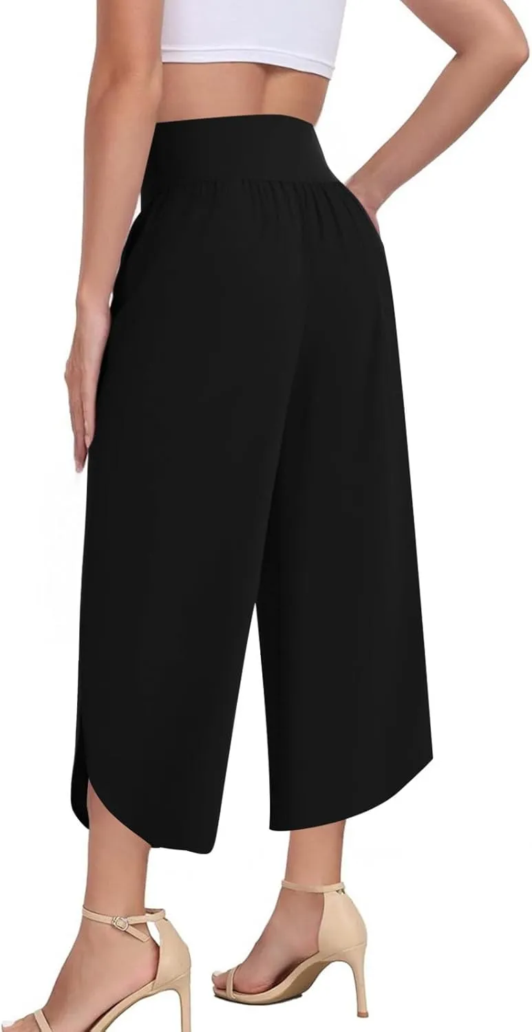 Crop Palazzo Pants for Women 2025 Summer Wide Leg Capris Yoga Pants Side Slit High Waist Capri Pants with Pockets
