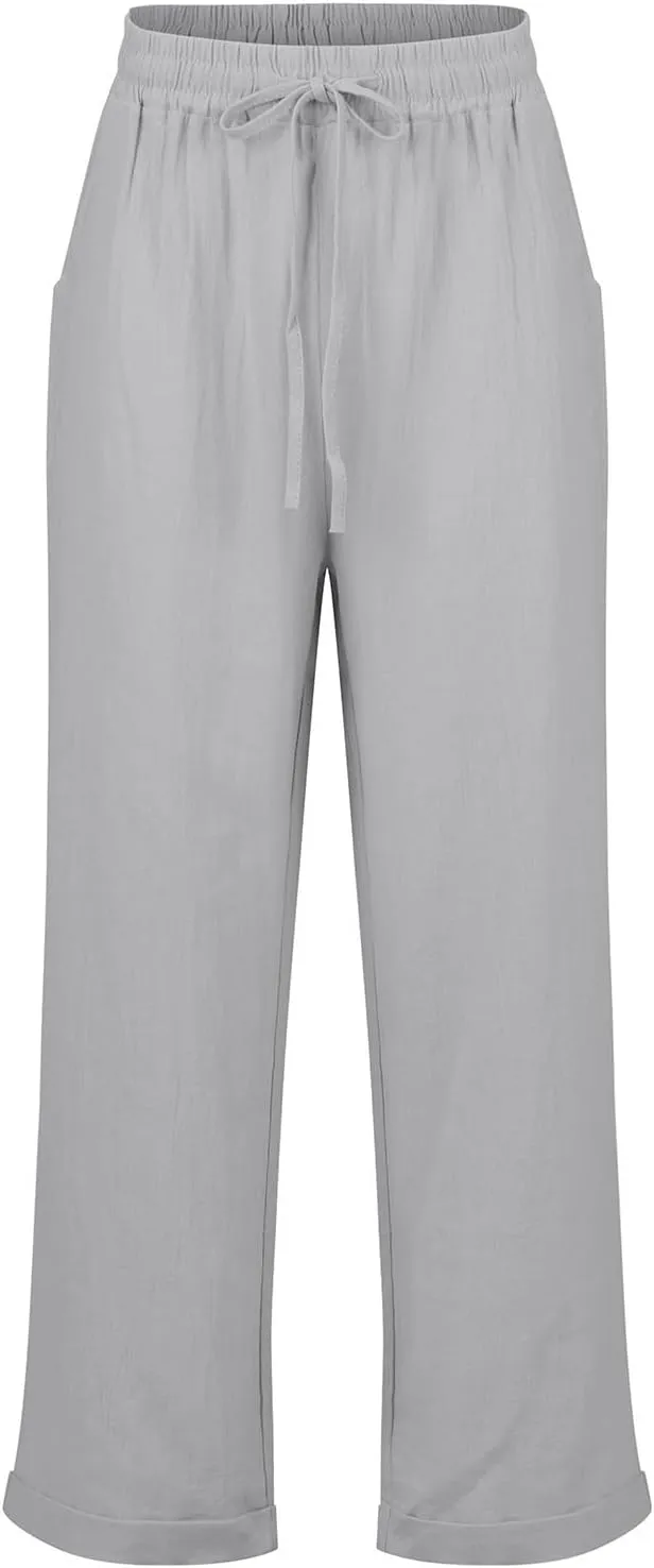 Cropped Linen Pants for Women Casual Loose Elastic Drawstring Wide Leg Pants High Waisted Work Pants with Pockets