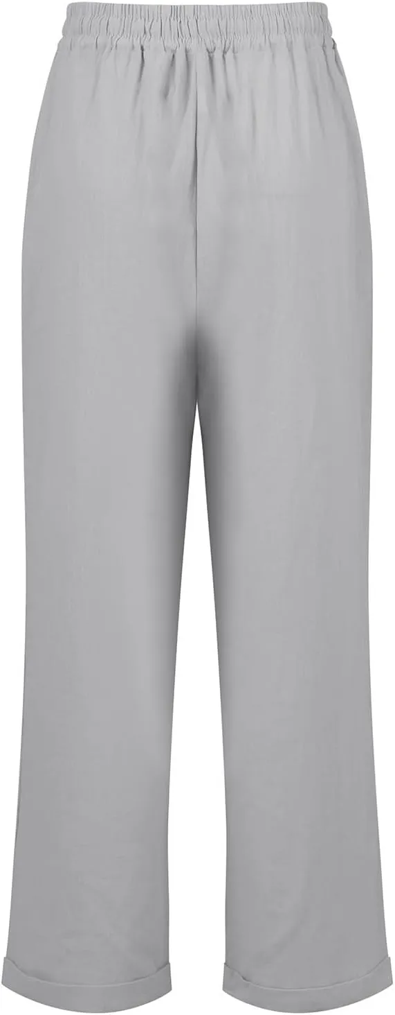 Cropped Linen Pants for Women Casual Loose Elastic Drawstring Wide Leg Pants High Waisted Work Pants with Pockets