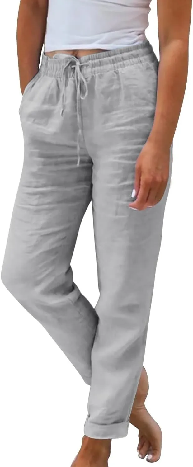 Cropped Linen Pants for Women Casual Loose Elastic Drawstring Wide Leg Pants High Waisted Work Pants with Pockets