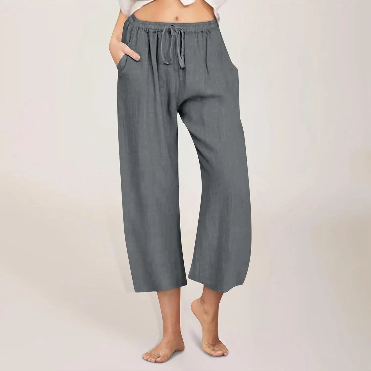 Cropped Linen Pants Women Casual Loose Fit Wide Leg Capris with Pockets Summer Comfy Elastic Waist Lounge Pants