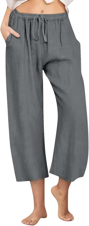 Cropped Linen Pants Women Casual Loose Fit Wide Leg Capris with Pockets Summer Comfy Elastic Waist Lounge Pants