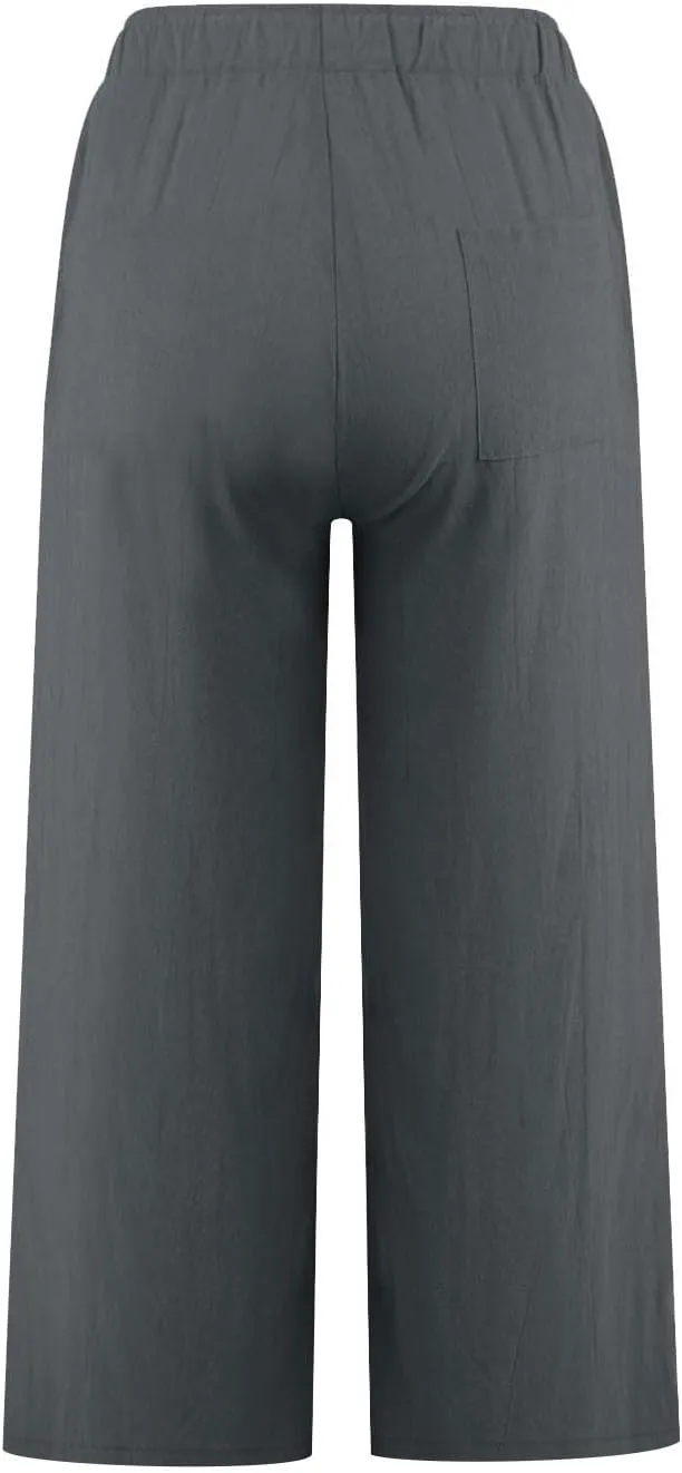 Cropped Linen Pants Women Casual Loose Fit Wide Leg Capris with Pockets Summer Comfy Elastic Waist Lounge Pants
