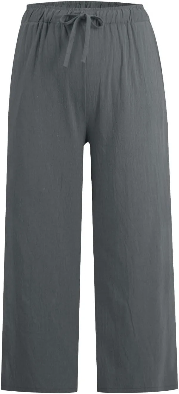 Cropped Linen Pants Women Casual Loose Fit Wide Leg Capris with Pockets Summer Comfy Elastic Waist Lounge Pants