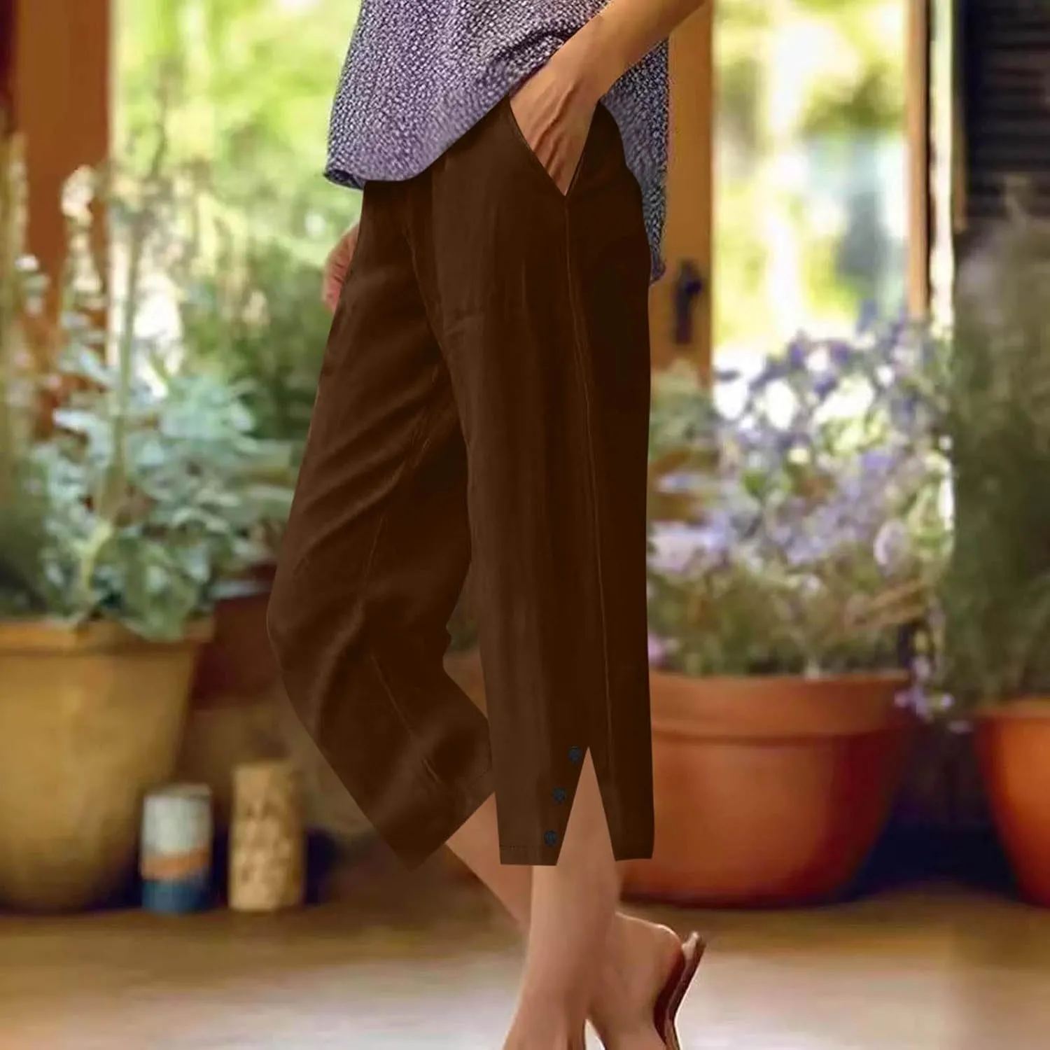 Cropped Linen Pants Women High Waisted Straight Leg Capri Summer Lounge Pants for Women Loose Fit Solid Cropped Pants