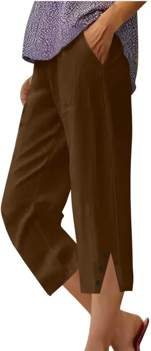 Cropped Linen Pants Women High Waisted Straight Leg Capri Summer Lounge Pants for Women Loose Fit Solid Cropped Pants
