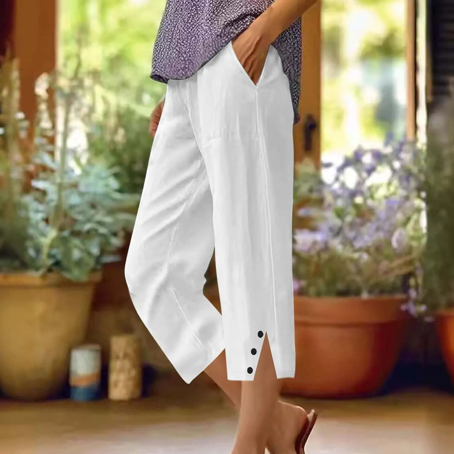 Cropped Linen Pants Women High Waisted Straight Leg Capri Summer Lounge Pants for Women Loose Fit Solid Cropped Pants