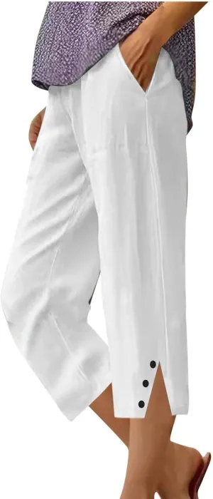 Cropped Linen Pants Women High Waisted Straight Leg Capri Summer Lounge Pants for Women Loose Fit Solid Cropped Pants